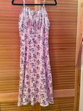 Women's Pink Floral Dress with Blue Print, Size L